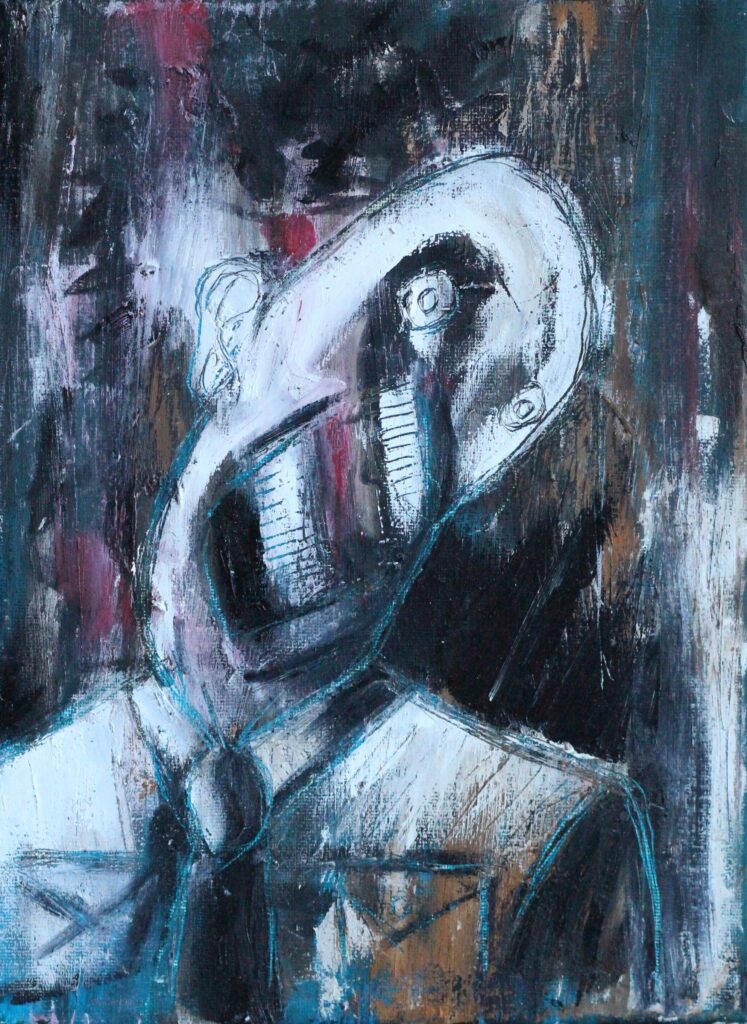 A contorted, clown-like face emerges from thick, black brushstrokes in this raw self-portrait. Dressed in a suit and tie, the figure’s distorted features and harsh, dark palette create a menacing atmosphere. The painting captures a manic phase of manic depression, its peaks and intensity rendered through urgent, visceral mark-making.