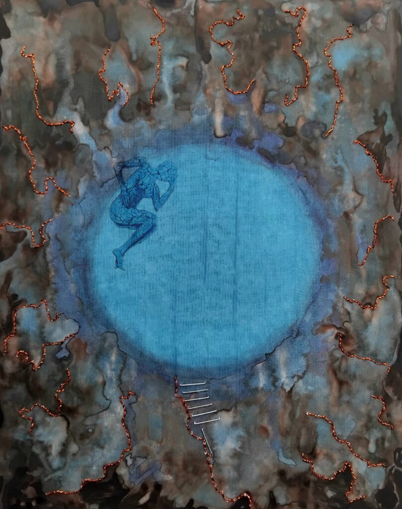 A blue-toned figure curls into the fetal position inside a glowing blue void, one hand clutching their head, the other their stomach. Around the void, darker hues, swirling oranges, bronzes, and chaotic textures, suggest a surrounding turmoil from which the figure seeks refuge. The textured surface, punctuated by staples and layered brushstrokes, amplifies the painting’s expressive emotional landscape.The work explores hidden disabilities and the embodied experiences of pain, fatigue, self-doubt, resilience, endurance, and hope. The figure's position within the orb reflects the tension between external chaos and an internal search for respite. It speaks to the continuous interplay of societal and personal pressures, especially as they relate to being both disabled and a woman.