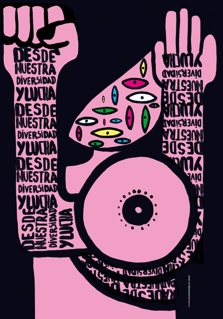 Natalia's bold, graphic poster centres a pink, abstracted figure as a symbol for all bodies in the ongoing fight for diversity and women’s rights. With multiple eyes gazing outward, one fist clenched and the other raised in openness, the figure holds tension and power.