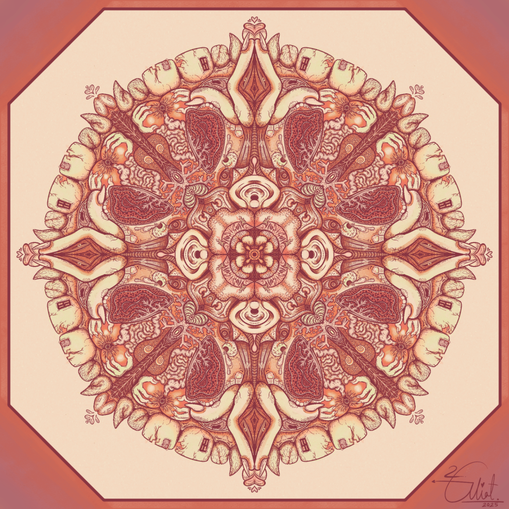 We Are What They Eat pulses with a grotesque, mesmerising beauty. A kaleidoscope of genitals, anuses, limbs, teeth, toes and internal organs spiral within a hexagonal composition, appearing to shift and convulse—drawing the viewer into a visceral meditation on bodily autonomy, disgust, and desire. T